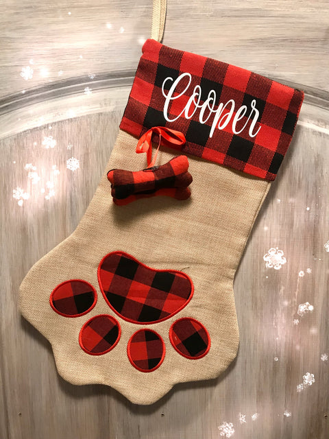 Faux burlap dog stocking with red/black buffalo check cuff - Aunt Honey's Place