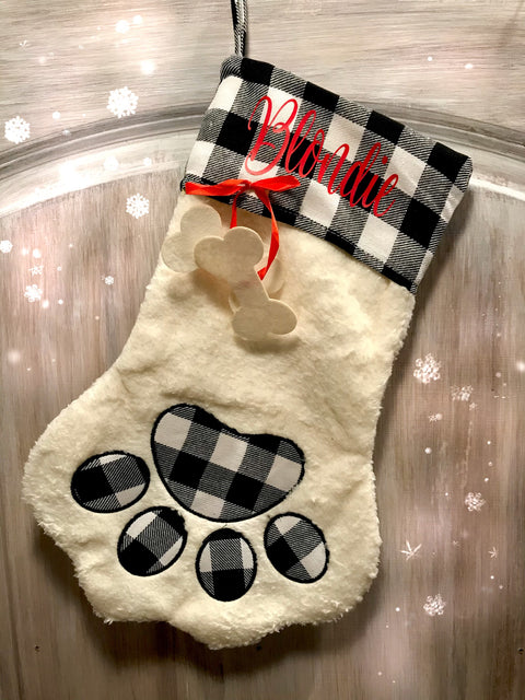 Plush dog stocking with black/white buffalo print cuff - Aunt Honey's Place