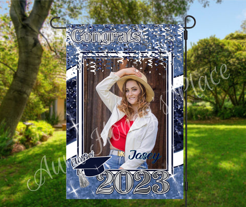 Senior Photo Garden Flag. Silver/ice blue/navy/white