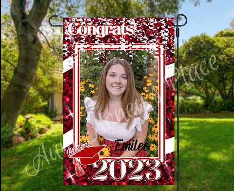 Senior Photo Garden Flag  silver/red/white