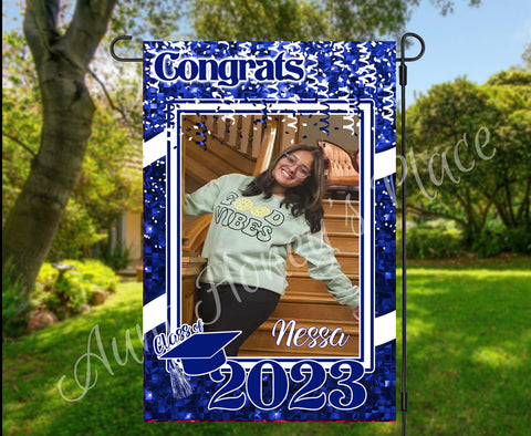 Senior Photo Garden Flag. Silver/blue/white