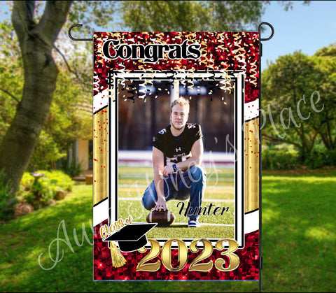 Senior Photo Garden Flag. Black/red/gold