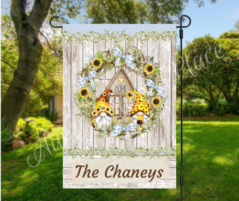 Gnome Garden Flag w/sunflowers and weathered wood