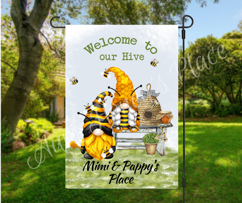 “Welcome to our Hive” Gnome garden flag