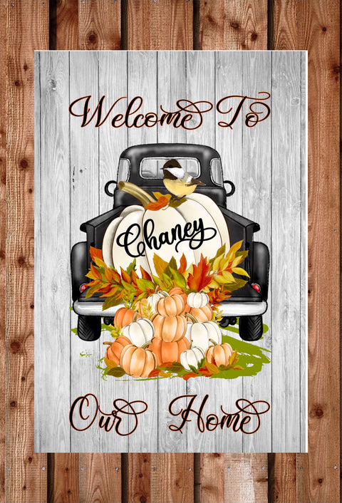 Fall black truck with pumpkins flag ..”welcome to our home”