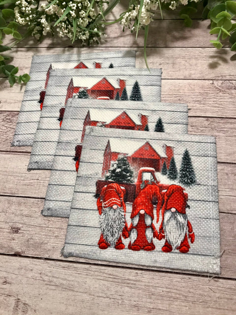 Vintage red truck with gnomes set of 4 coasters