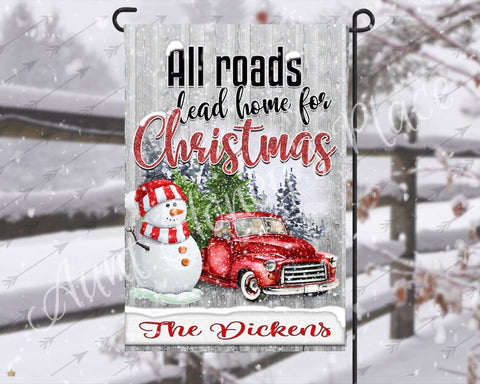 All roads lead home for Christmas garden flag with  vintage red truck