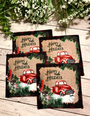 Happy holidays vintage truck set of 4 coasters