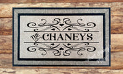 Hearts and scrollwork Family name personalized door mat