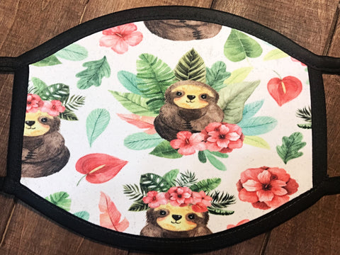 Sloth face mask with tropical flowers