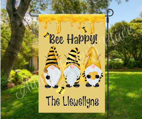 BEE HAPPY GNOME GARDEN FLAG