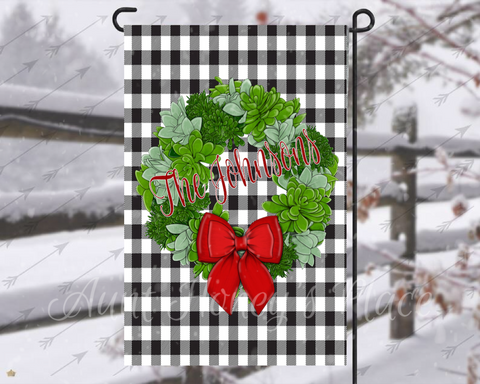 Black and white buffalo check succulent wreath  garden flag