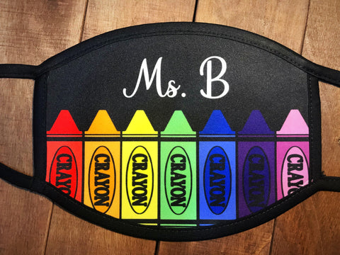 Colorful crayon teacher face mask personalized