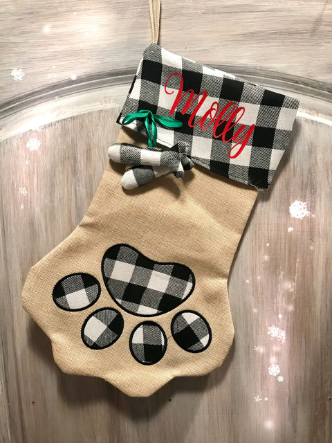 Faux burlap dog stocking with black/white buffalo check cuff - Aunt Honey's Place