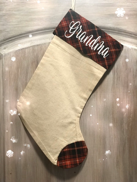 Country linen Christmas stocking with dk red/black plaid cuff and footie - Aunt Honey's Place