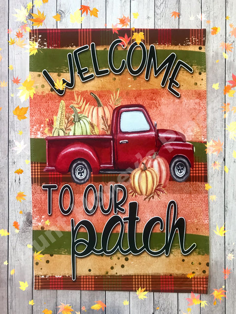 Patchwork fall red truck garden flag