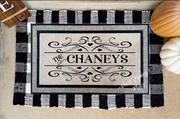 Hearts and scrollwork Family name personalized door mat