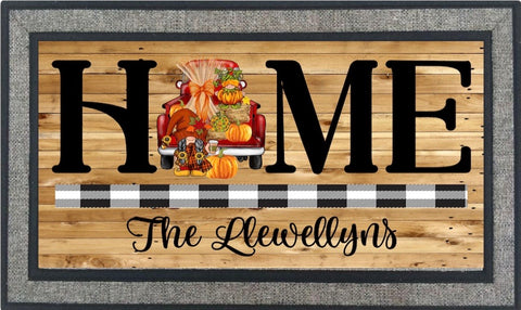 Vintage red truck with buffalo plaid/ family name door mat
