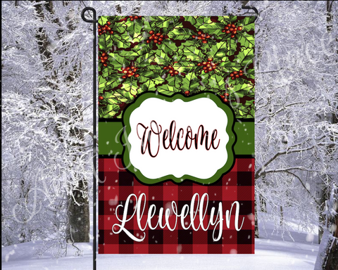 Holly berry and buffalo plaid Welcome garden flag