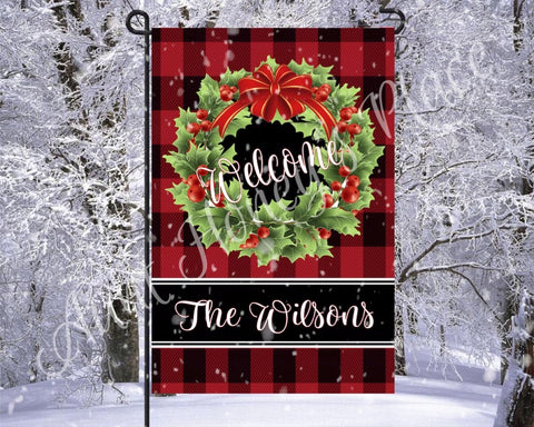 Red and black buffalo check/ welcome wreath garden flag